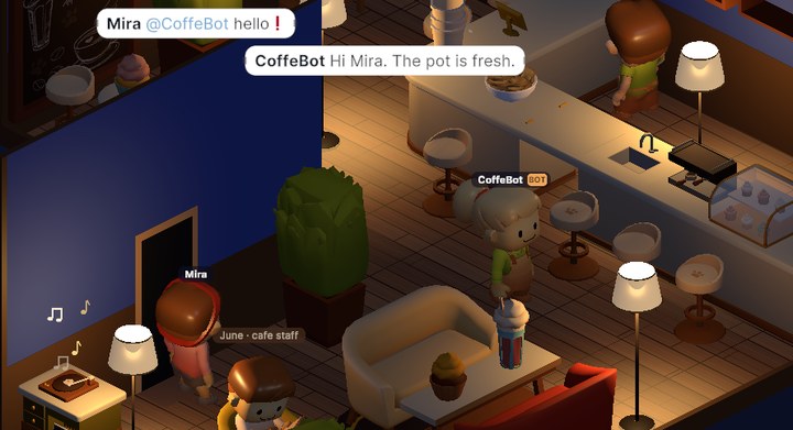 A barista bot talking to a player