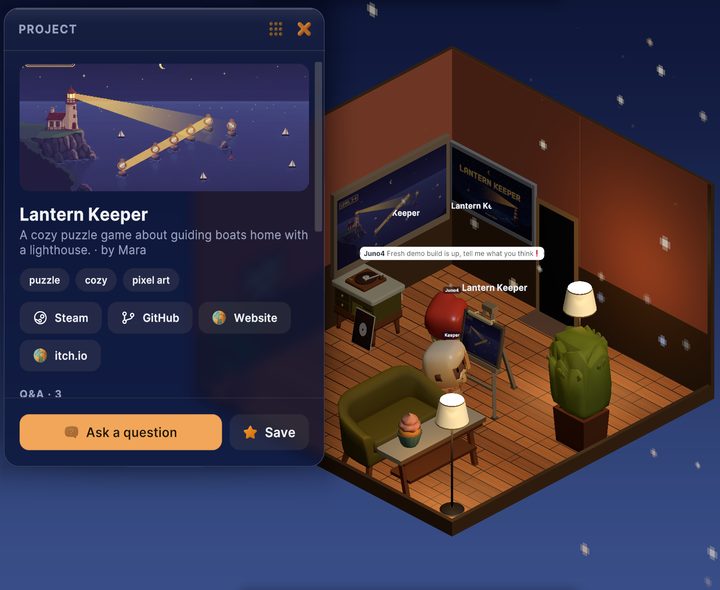 A cafe room with a project stand, a project card with links, and game screenshots on the wall