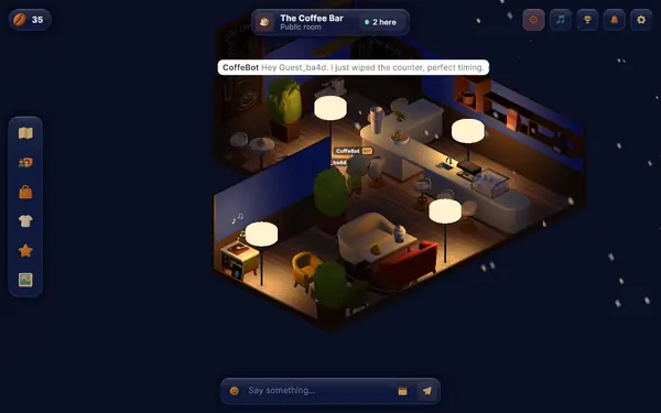 The Coffee Bar in Midnight Cafe, a room with a counter where small characters sit and chat