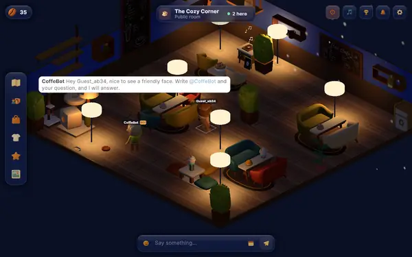 The Cozy Corner in Midnight Cafe, a small room with armchairs and a warm lamp where characters sit and talk