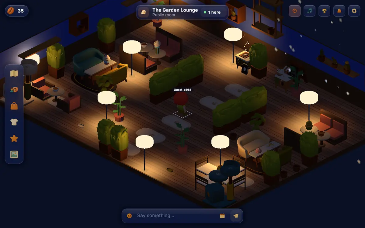 The Garden Lounge in Midnight Cafe, a quiet room with plants where small characters sit and talk