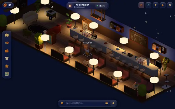 The Long Bar in Midnight Cafe, a dim room with a long counter where small characters sit and talk