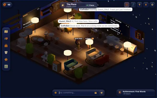 The Plaza with a player character, the barista bot and two speech bubbles