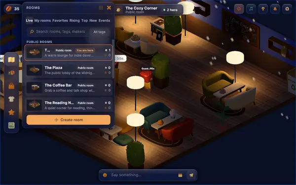 The list of public rooms in Midnight Cafe, each room shown as a card with a name and the number of people inside
