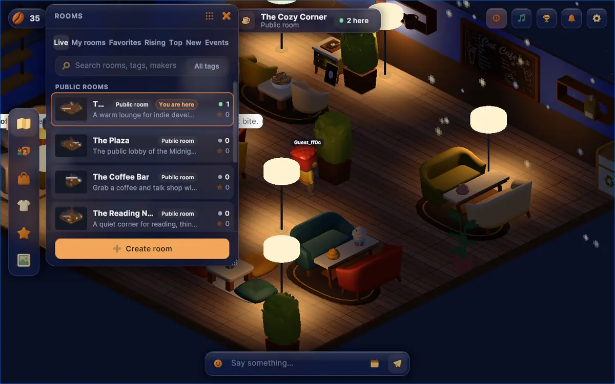 The list of public rooms in Midnight Cafe, each room shown as a card with a name and the number of people inside