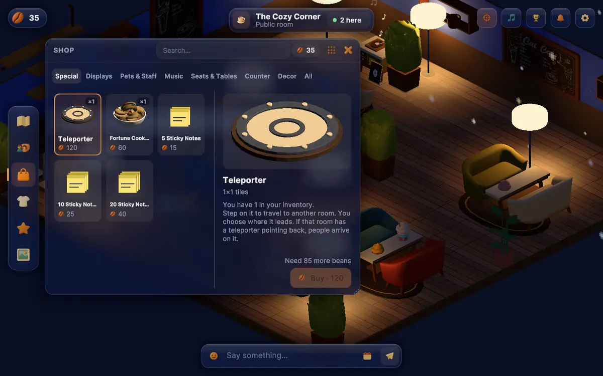 The furniture shop in Midnight Cafe, with a grid of small pieces of furniture and decorations to buy